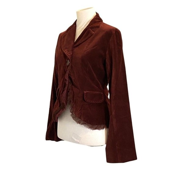 Anthropologie Odille Notched Collar Ruffle Trim Rust Velvet Blazer Size 4 - Picture 2 of 5